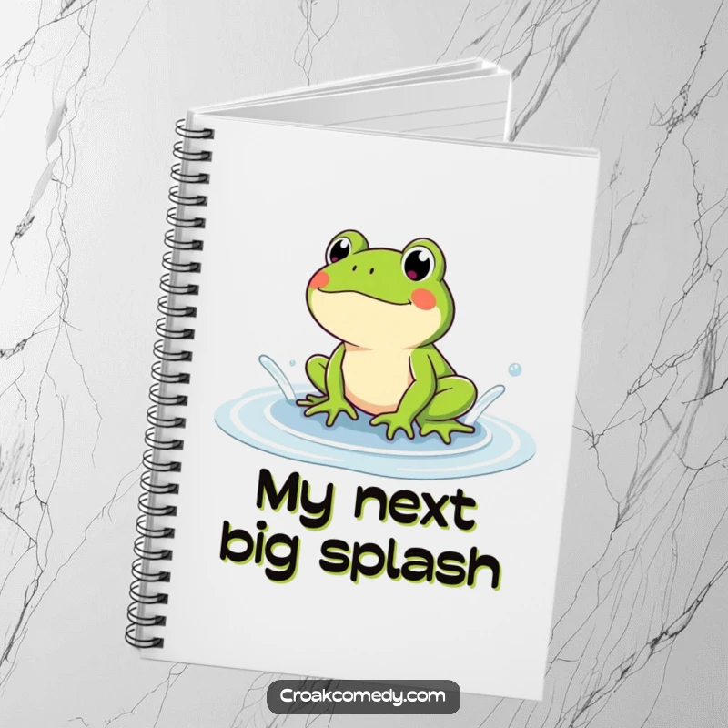 Funny frog notebook with a playful splash design on the cover. A humorous and practical gift for note-taking.