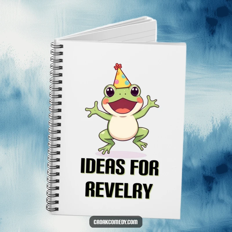 Funny Frog Notebook: A cute, party-hat-wearing frog captured mid-hop, inspiring fun notes and doodles, ideal for a funny gift.