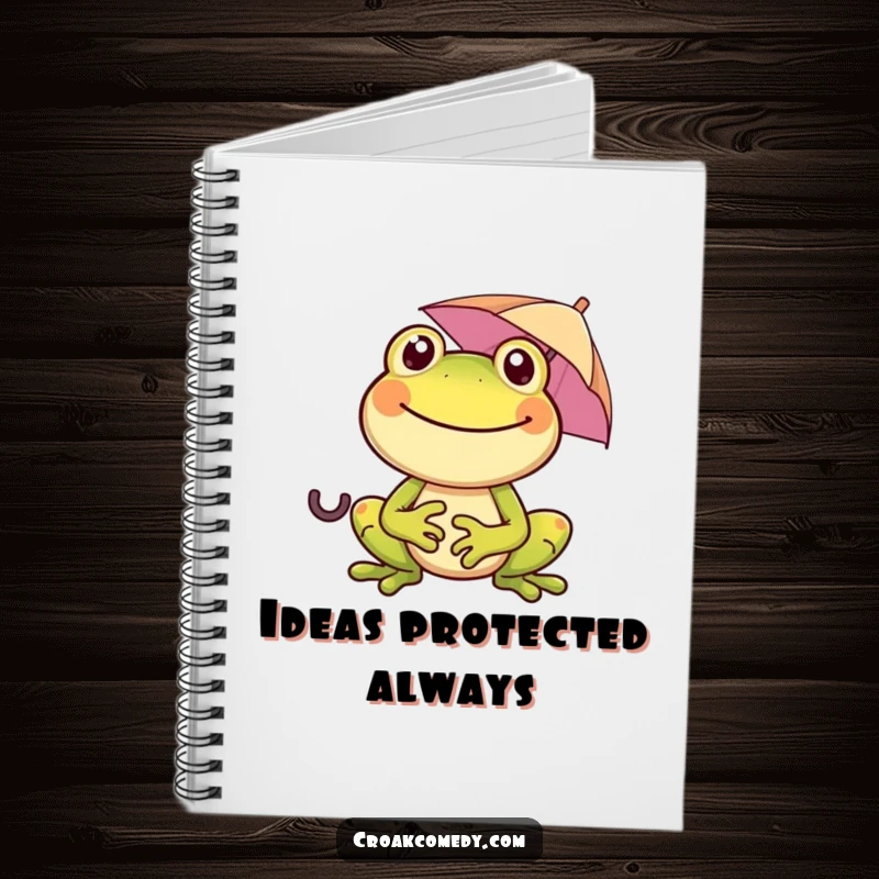 Funny frog with a wide smile, holding a tiny umbrella, on a notebook cover, perfect for writing cheerful notes humorously.