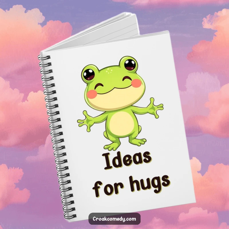 Funny Notebook with a jubilant frog character with arms outstretched, ready for a hug, ideal for notes.