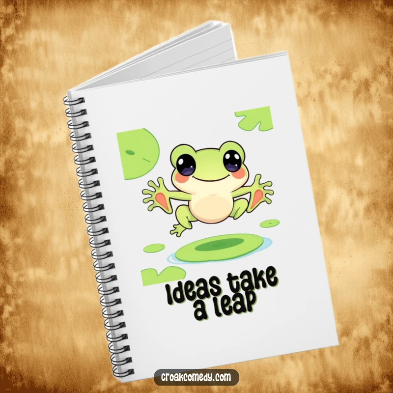 Funny notebook with a cute frog character joyfully leaping from lily pad to lily pad, for writing.
