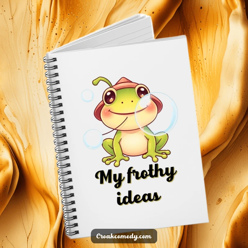 Funny frog notebook cover, wearing a hat, blowing large bubbles, ready for all your bright ideas and doodles.
