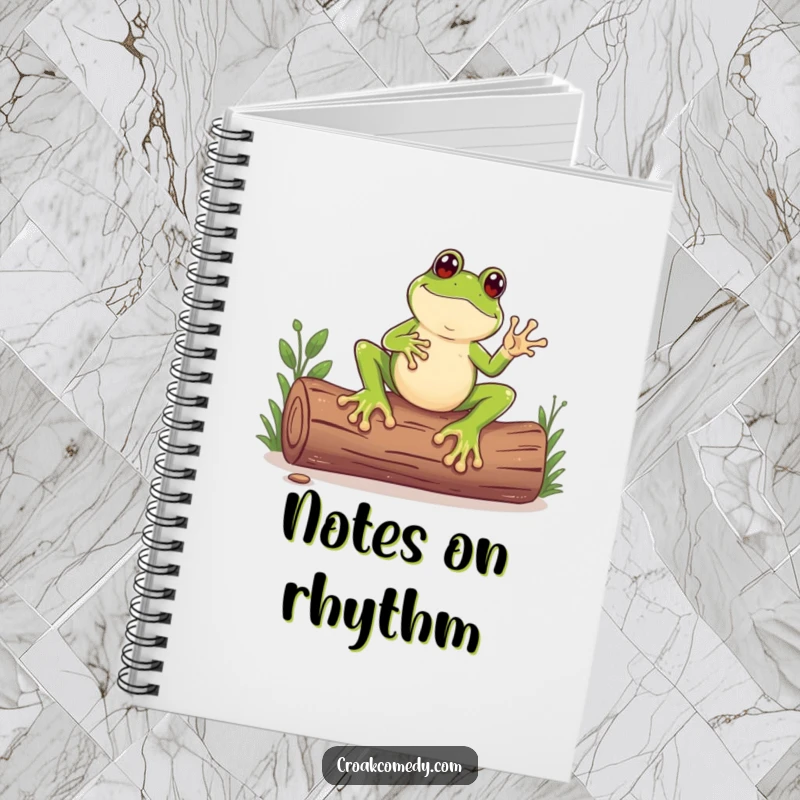 Funny notebook cover showcasing a frog with large feet rhythmically tapping on a log, ideal for creative writing and note-taking.