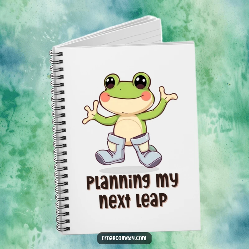 Funny frog notebook, oversized boots, joyful hopping, amphibian journal, nature-themed stationery, cute cartoon diary.