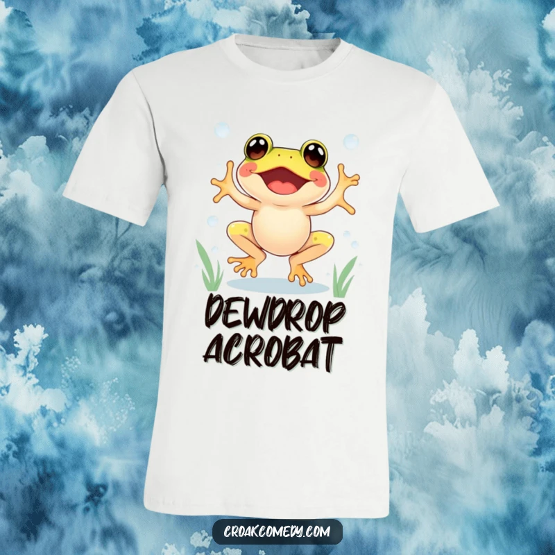 Funny Frog T-Shirt showing an excited frog jumping with glee between dewdrops, radiating happiness.