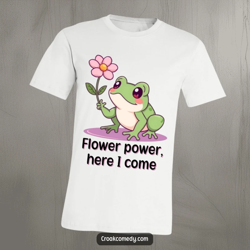 Funny frog intensely focused on reaching a faraway floating flower, embodying perseverance and a humorous quest for success.