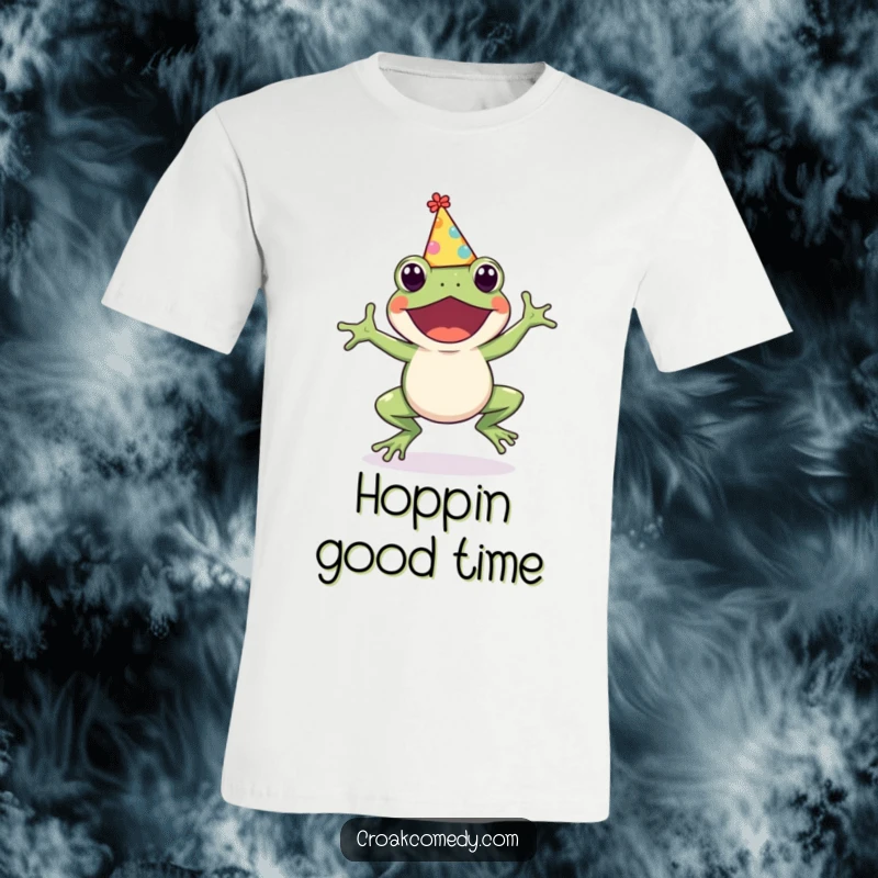 Funny Frog T-Shirt: Adorable amphibian artistically drawn in a party hat, mid-hop, exuding pure, unadulterated joy, ideal for a funny gift.