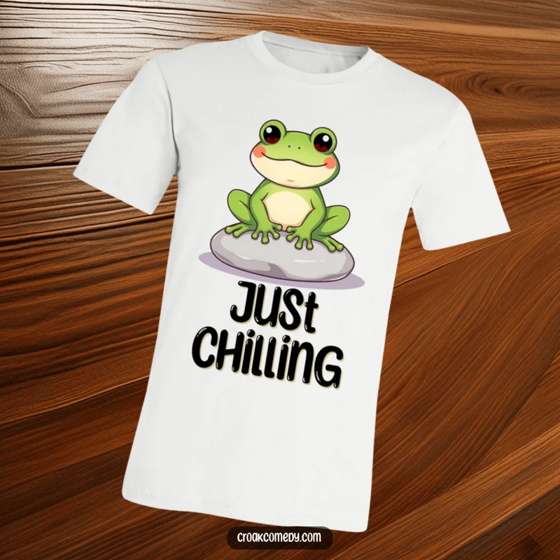 Funny Frog T-Shirt showcasing a content frog sitting peacefully on a smooth stone, embodying pure relaxation and a humorous lack of urgency.