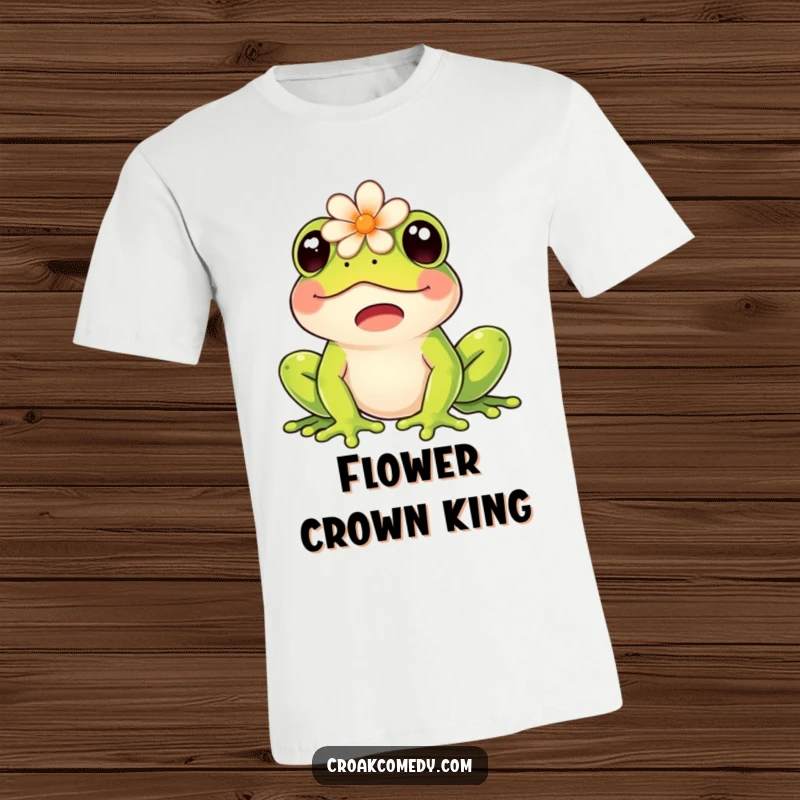 Funny t-shirt depicting a happy frog with a flower on its head, joyfully croaking.