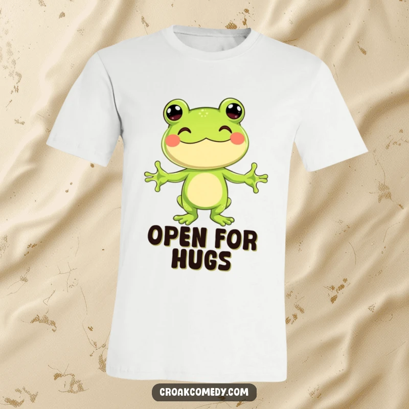 Funny T-Shirt showing a jubilant frog character with arms outstretched, ready to give a big, friendly hug.