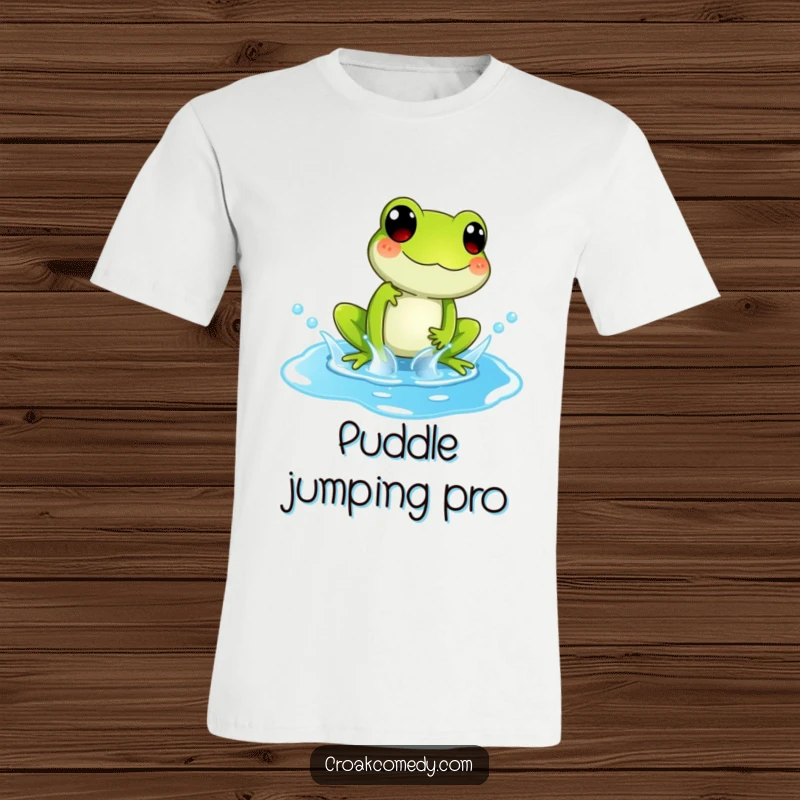 Funny T-Shirt depicting a playful frog character joyfully splashing around in a bright blue puddle, full of energy.