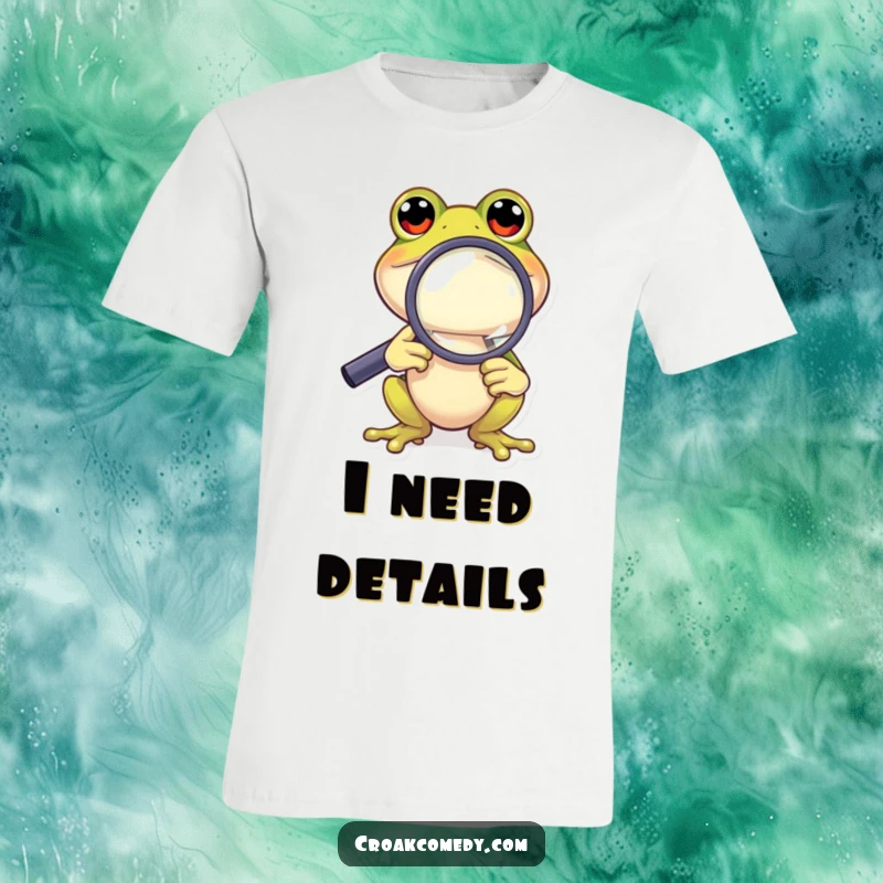 Funny Frog T-Shirt: A curious cartoon frog using a magnifying glass to inspect something closely, a humorous investigative theme.