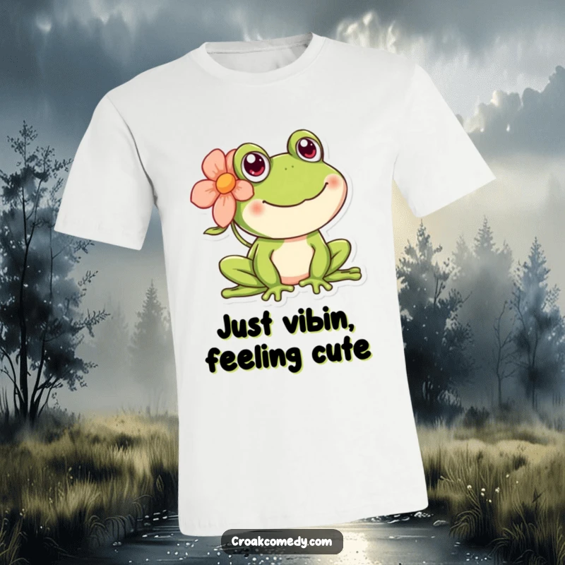 Funny happy frog t-shirt featuring a smiling amphibian with a lovely flower tucked behind its ear.