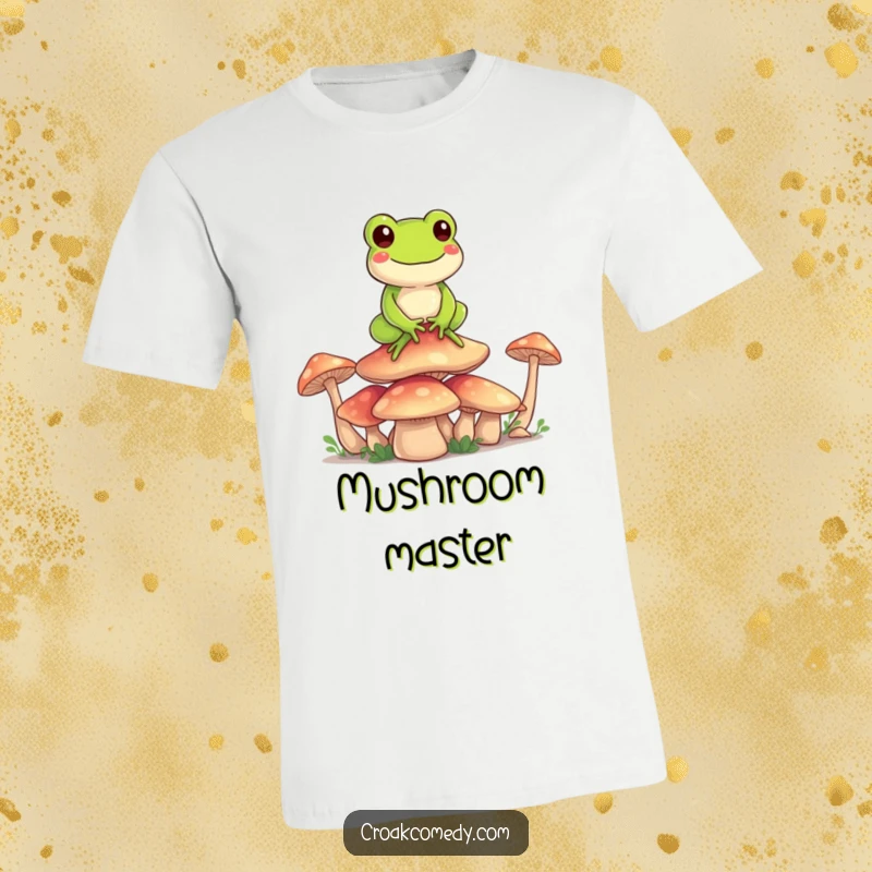 Funny Frog T-Shirt: A happy cartoon frog balanced precariously on a stack of mushrooms, showcasing playful equilibrium.