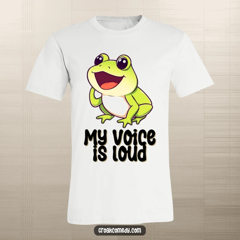 Funny Frog T-Shirt depicting a happy frog with mouth open, letting out a joyful croak, a shirt for loud lovers.