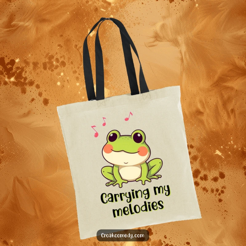 Funny Frog Tote Bag: A happy frog croaking musically, perfect for carrying essentials with a side of amphibian humor.