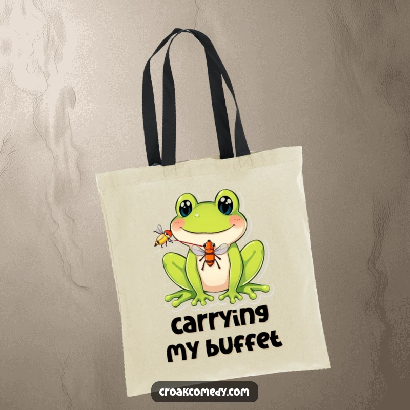 Funny Tote Bag featuring a smiling frog balancing a fly on its tongue, designed for stylish and humorous everyday carrying.