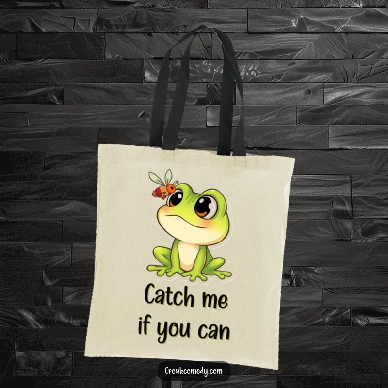 Funny Frog Tote Bag: Cartoon frog with wide eyes fixated on a fly, a humorous and useful accessory.