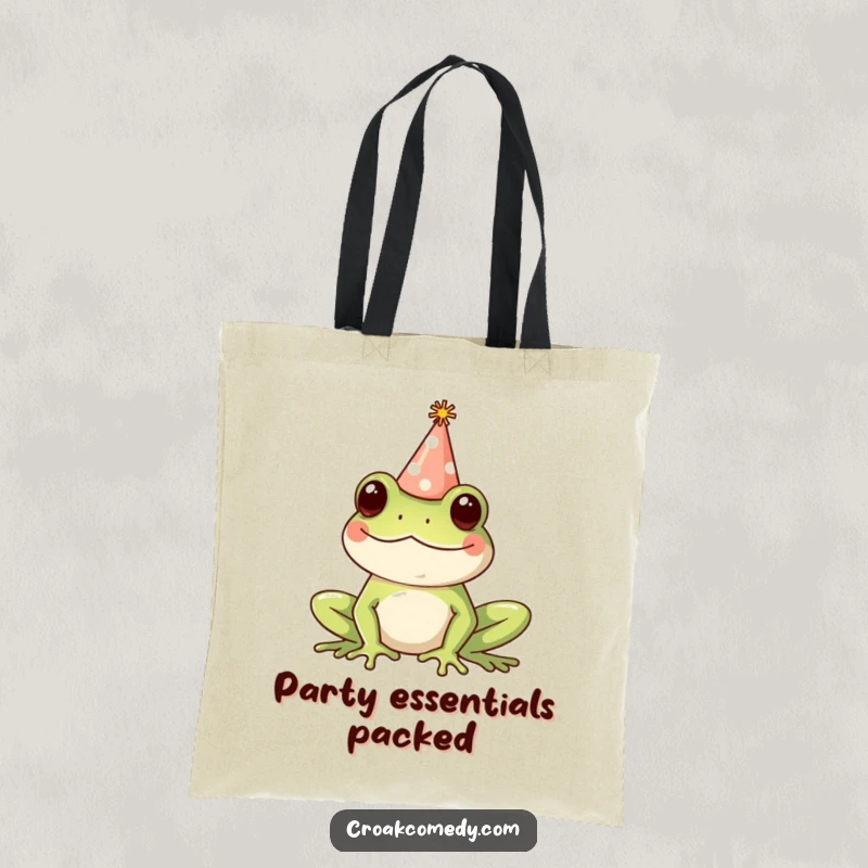 Funny Tote Bag featuring a happy frog wearing a tiny party hat, designed for stylish and humorous everyday carrying, perfect for celebrations.