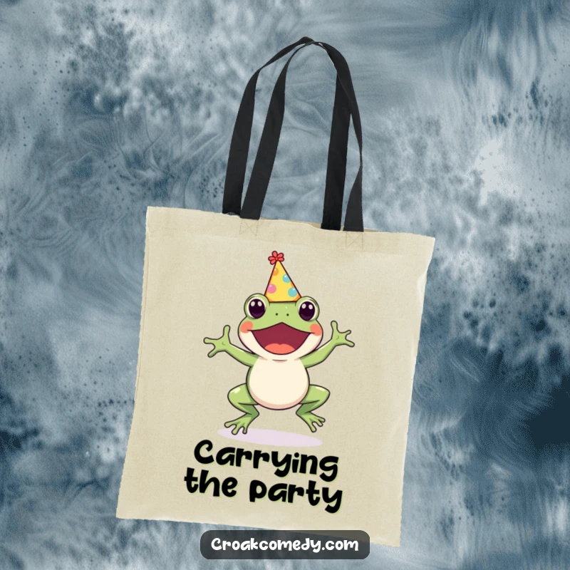 Funny Frog Tote Bag: A charming, excited frog in a party hat, hopping with joy, ready for adventures, a practical and funny gift.