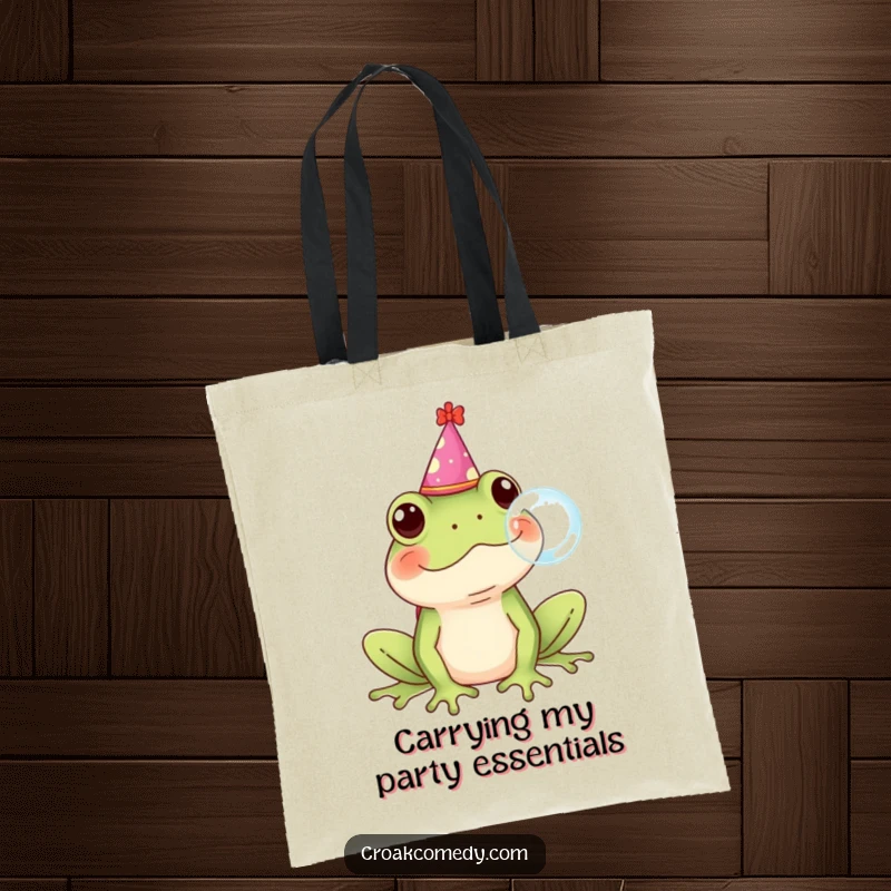 Funny Frog Tote Bag with a party hat, blowing a bubble, showcasing a whimsical and humorous design.