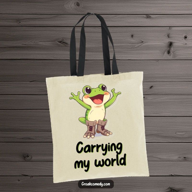 Funny frog tote bag showcasing an excited frog wearing oversized boots, ideal for adventure lovers and humor enthusiasts.