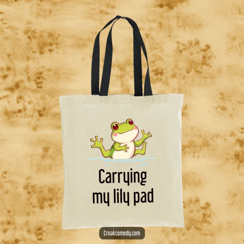 Funny frog tote bag featuring a happy frog kicking its legs, swimming with a gleeful expression, a vibrant and amusing accessory.