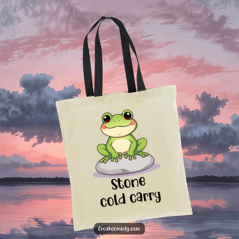 Funny Frog Tote Bag featuring a content frog sitting on a stone, perfect for stylishly carrying items with a humorous, relaxed attitude.