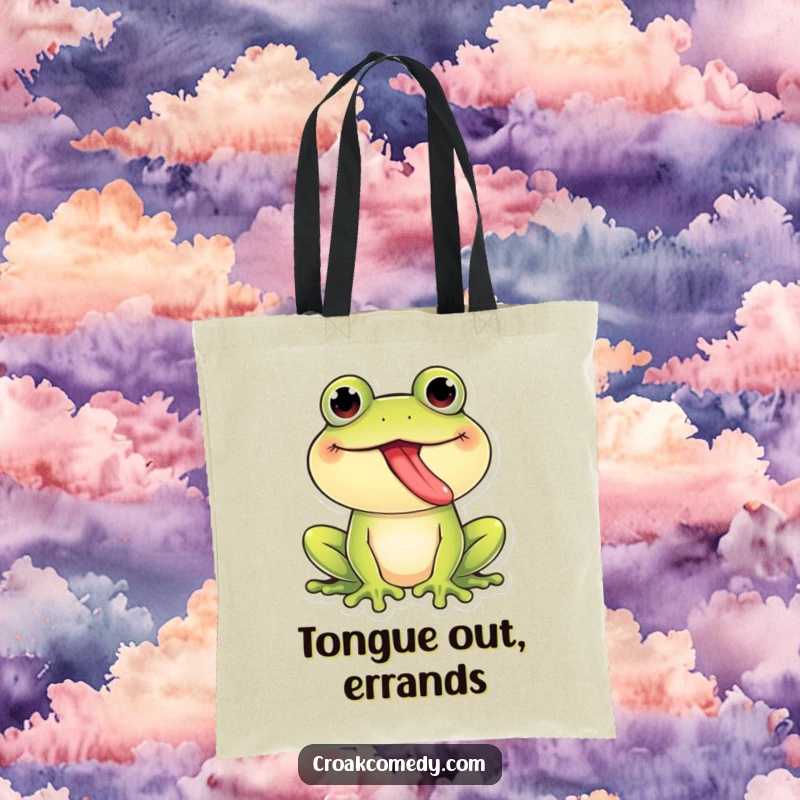 Funny Frog Tote Bag: A giggling frog playfully sticking its tongue out, perfect for carrying essentials with a humorous touch, a funny gift.
