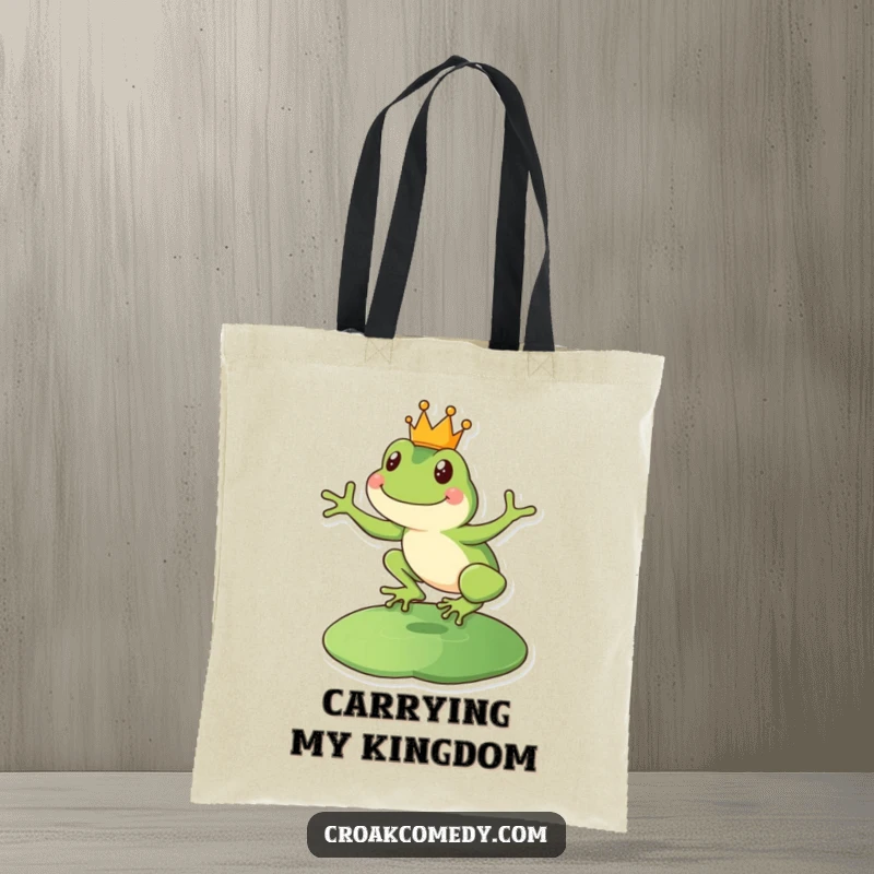Funny happy frog tote bag featuring a crowned amphibian leaping onto a lily pad.