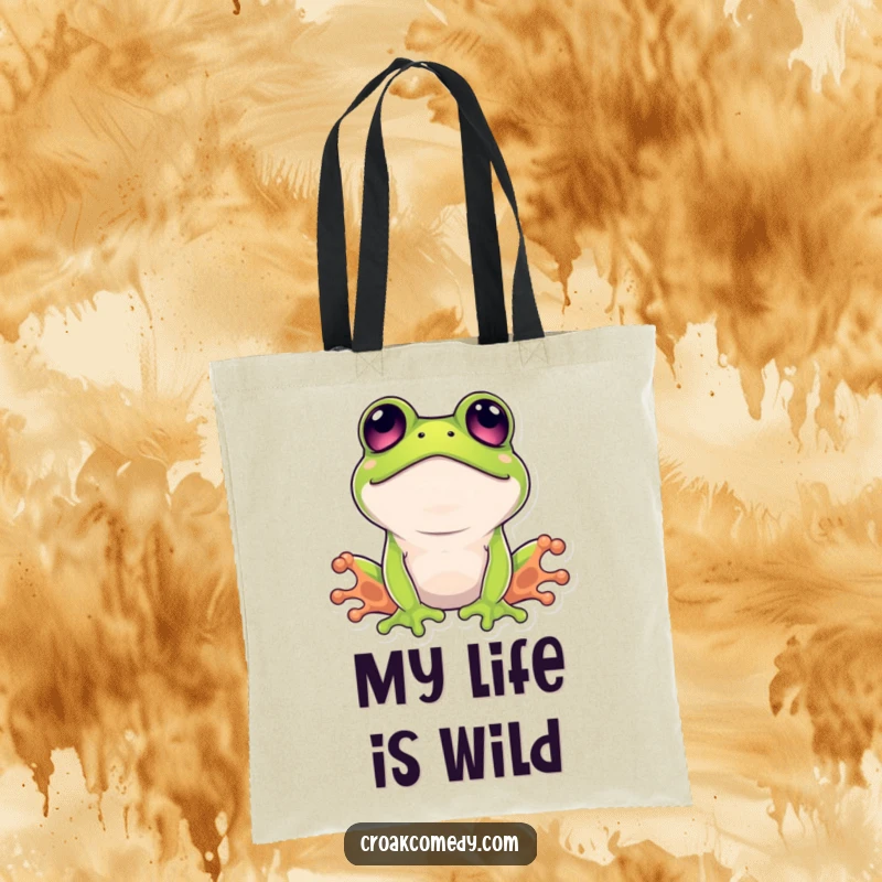 Funny surprised frog tote bag featuring an amusing amphibian with wide, shocked eyes looking upwards.