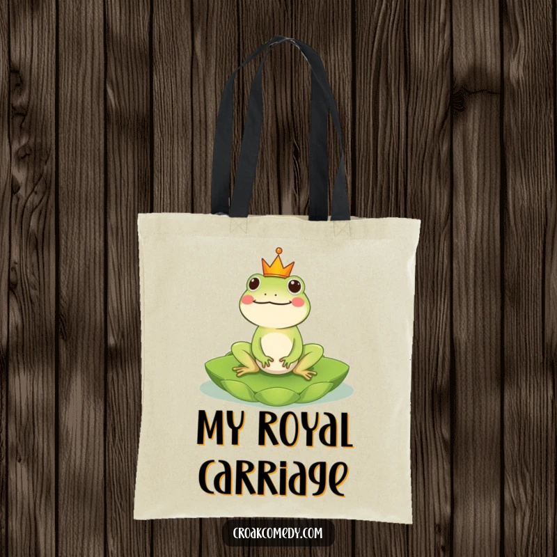 Funny Frog Tote Bag: A cheerful, crowned frog gracefully riding a lily pad, functional and fit for royalty, a funny gift.