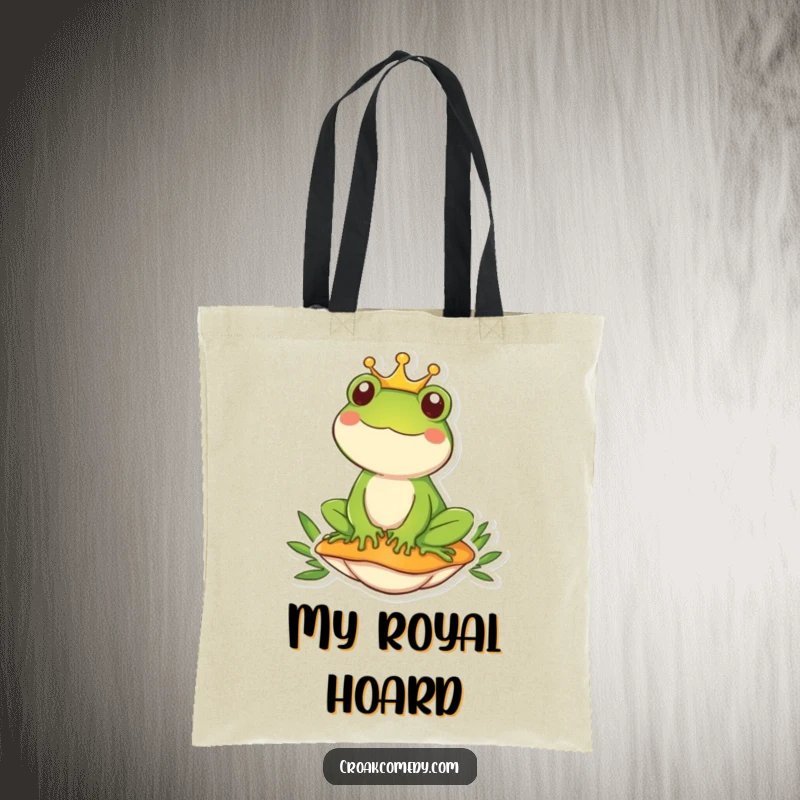 Funny frog with a crown sits on a mushroom, making this tote bag a charming and humorous accessory.